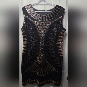 Flapper Speak Easy Vintage Inspired Sleeveless Black and Gold Sequin Dress New ❤
